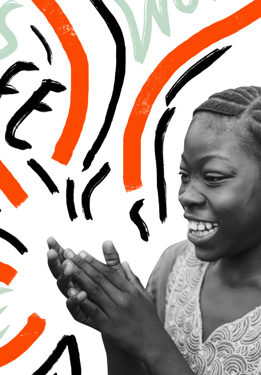 Young African girl smiling and clapping hands in front of 'Words of Life' typographic background.